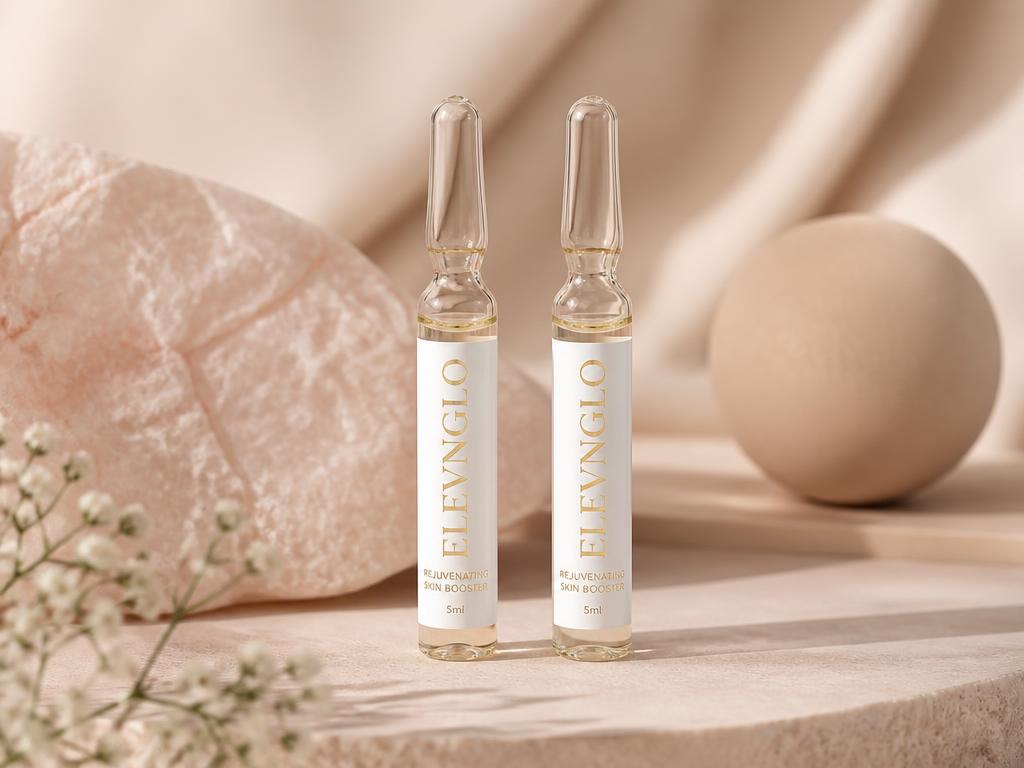 Two ELEVNGLO branded aesthetic injectable ampoules standing upright
