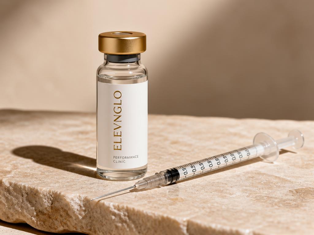 ELEVNGLO branded peptide vial beside a measured syringe