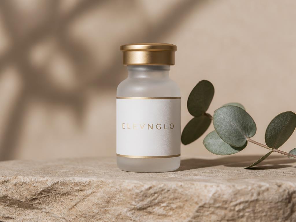 ELEVNGLO branded frosted recovery vial with eucalyptus