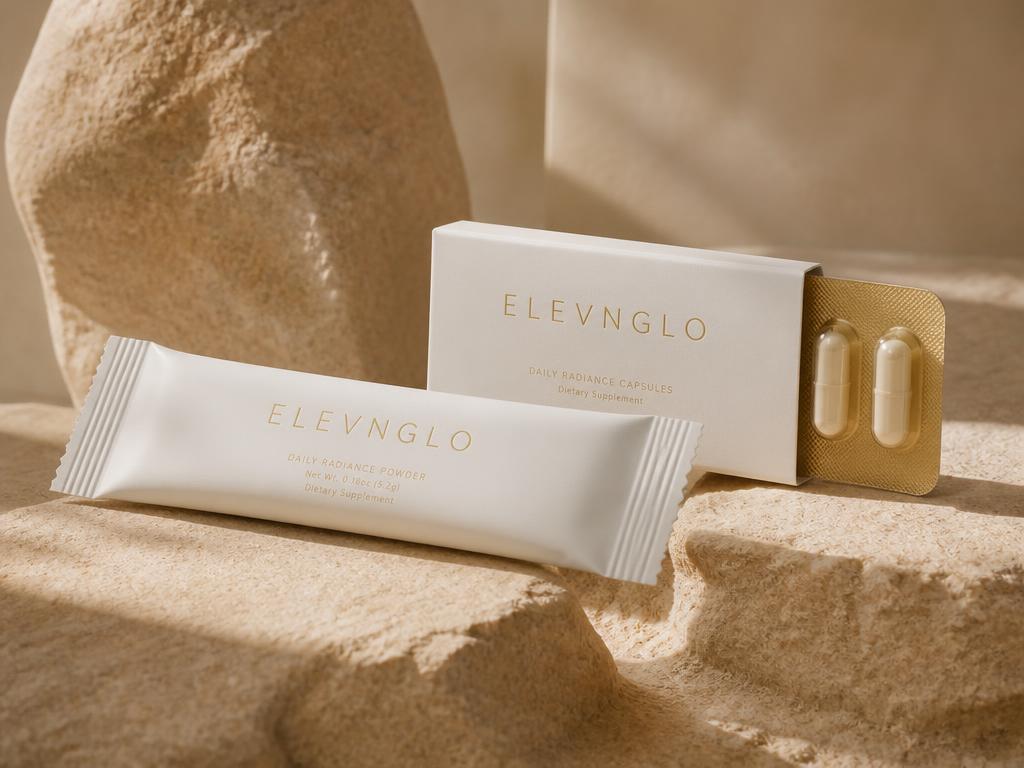 ELEVNGLO branded daily wellness powder sachet and capsule pack